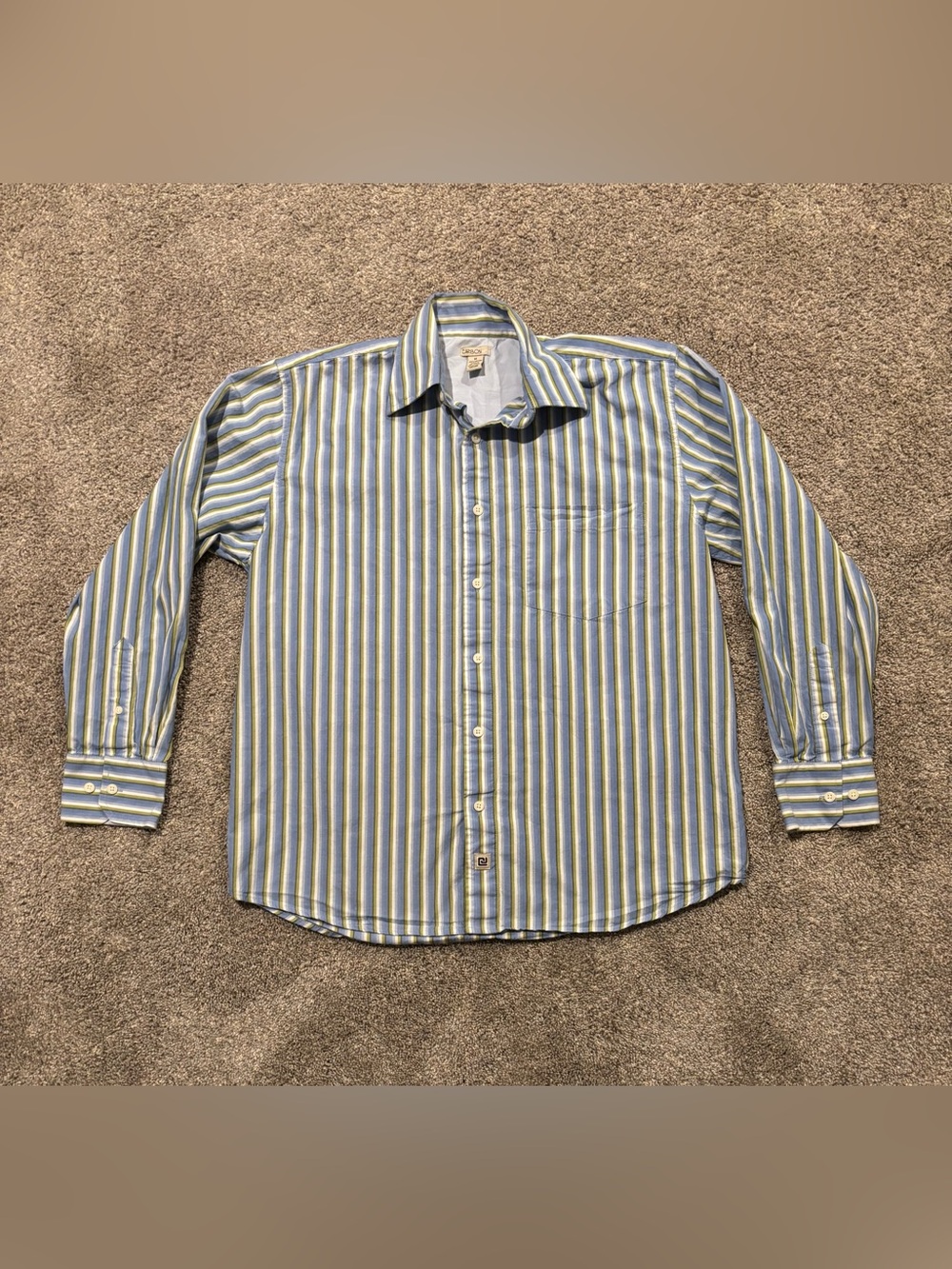 CARBON Men’s Blue Green White Striped 100% Cotton Button-Up Shirt Medium Summer
